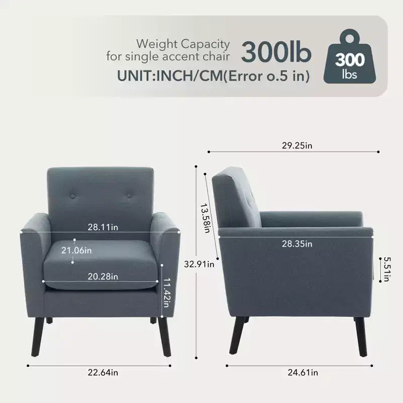 Fauteuil d'appoint en tissu GustoWave mi-siècle avec pieds en bois massif, fauteuil de salon rétro moderne avec assise plus épaisse pour le salon