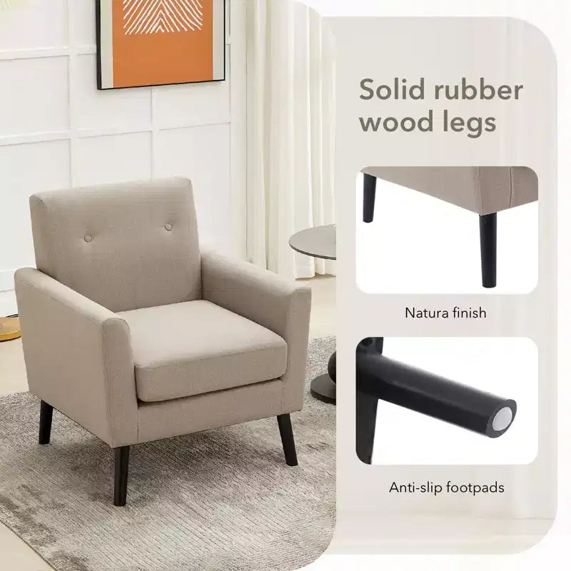 Fauteuil d'appoint en tissu GustoWave mi-siècle avec pieds en bois massif, fauteuil de salon rétro moderne avec assise plus épaisse pour le salon