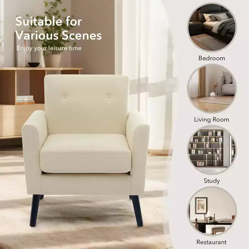 Fauteuil d'appoint en tissu GustoWave mi-siècle avec pieds en bois massif, fauteuil de salon rétro moderne avec assise plus épaisse pour le salon