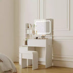 Coiffeuse avec miroir et lumières LED, coiffeuse de maquillage de 91 cm, 3 couleurs de lumière réglables, table de toilette avec 4 tiroirs, coiffeuse moderne