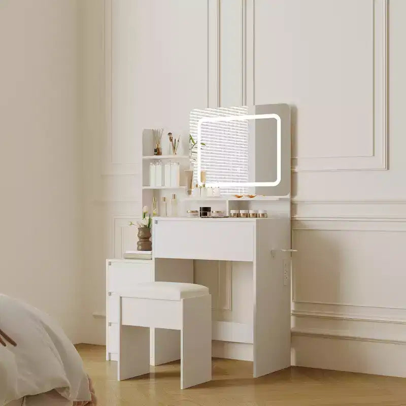 Coiffeuse avec miroir et lumières LED, coiffeuse de maquillage de 91 cm, 3 couleurs de lumière réglables, table de toilette avec 4 tiroirs, coiffeuse moderne