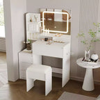 Coiffeuse avec miroir et lumières LED, coiffeuse de maquillage de 91 cm, 3 couleurs de lumière réglables, table de toilette avec 4 tiroirs, coiffeuse moderne