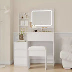 Coiffeuse avec miroir et lumières LED, coiffeuse de maquillage de 91 cm, 3 couleurs de lumière réglables, table de toilette avec 4 tiroirs, coiffeuse moderne
