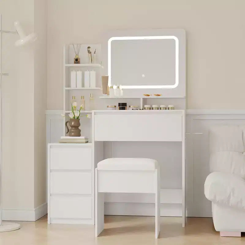 Coiffeuse avec miroir et lumières LED, coiffeuse de maquillage de 91 cm, 3 couleurs de lumière réglables, table de toilette avec 4 tiroirs, coiffeuse moderne