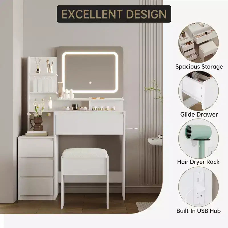 Coiffeuse avec miroir et lumières LED, coiffeuse de maquillage de 91 cm, 3 couleurs de lumière réglables, table de toilette avec 4 tiroirs, coiffeuse moderne
