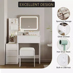 Coiffeuse avec miroir et lumières LED, coiffeuse de maquillage de 91 cm, 3 couleurs de lumière réglables, table de toilette avec 4 tiroirs, coiffeuse moderne