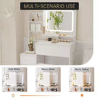 Coiffeuse avec miroir et lumières LED, coiffeuse de maquillage de 91 cm, 3 couleurs de lumière réglables, table de toilette avec 4 tiroirs, coiffeuse moderne