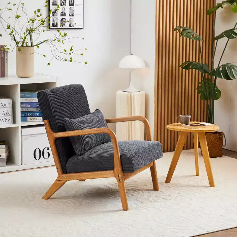 Zeus & Ruta Fauteuil d'appoint rembourré de style moderne du milieu du siècle avec oreiller et cadre en bois massif