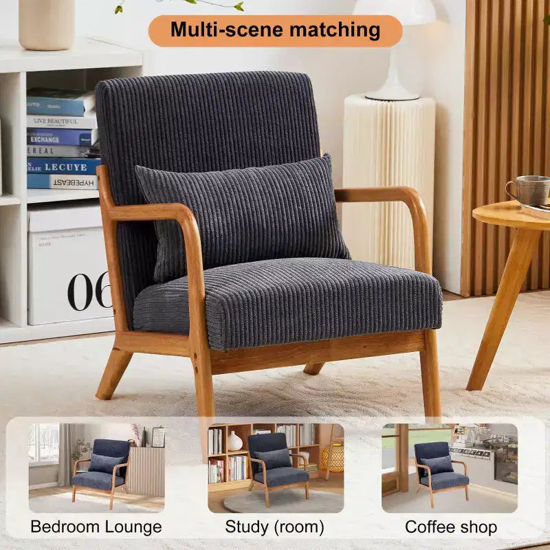 Zeus & Ruta Fauteuil d'appoint rembourré de style moderne du milieu du siècle avec oreiller et cadre en bois massif