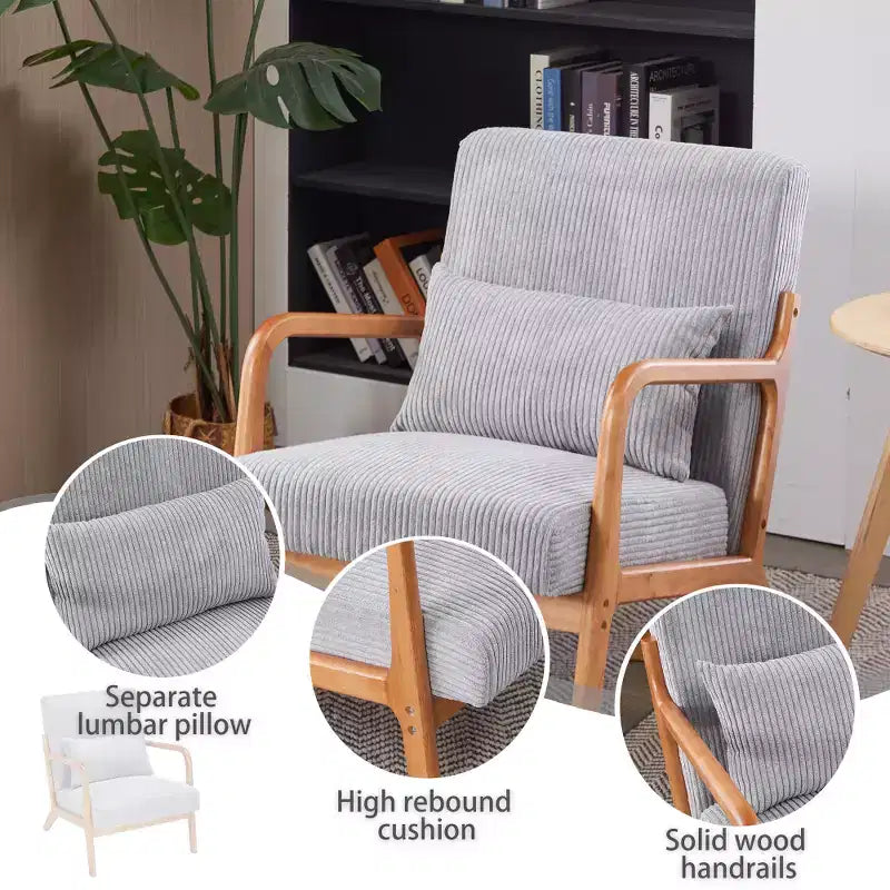Zeus & Ruta Fauteuil d'appoint rembourré de style moderne du milieu du siècle avec oreiller et cadre en bois massif
