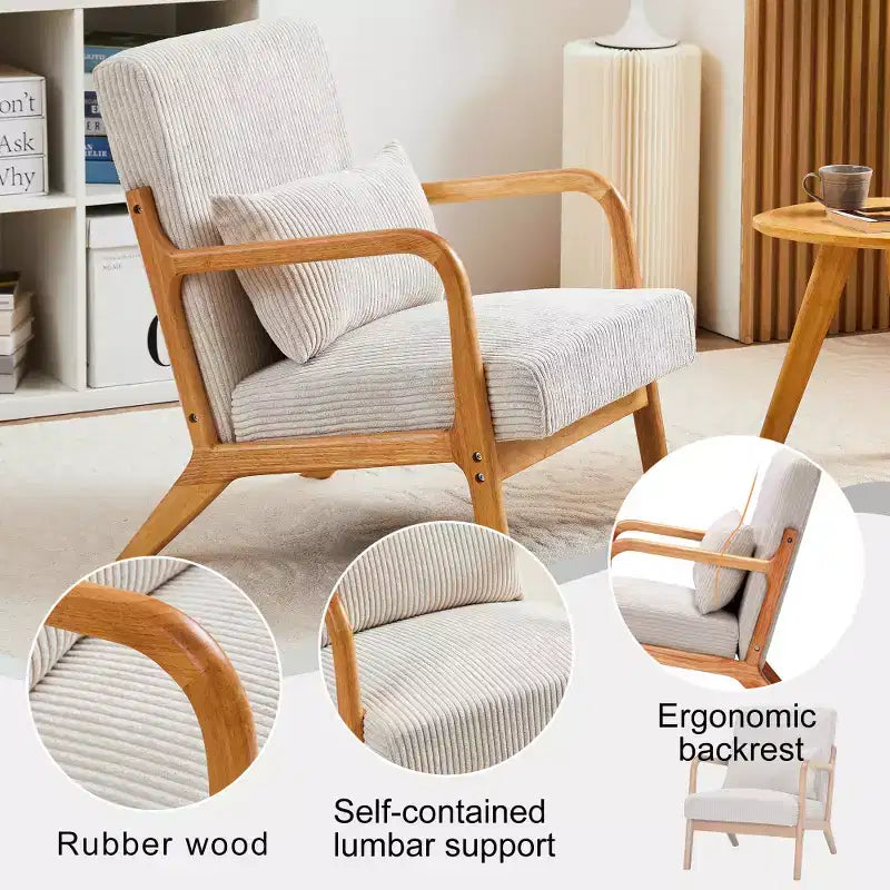 Zeus & Ruta Fauteuil d'appoint rembourré de style moderne du milieu du siècle avec oreiller et cadre en bois massif