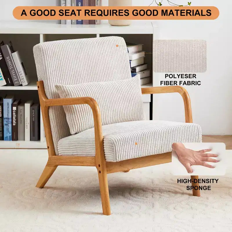 Zeus & Ruta Fauteuil d'appoint rembourré de style moderne du milieu du siècle avec oreiller et cadre en bois massif