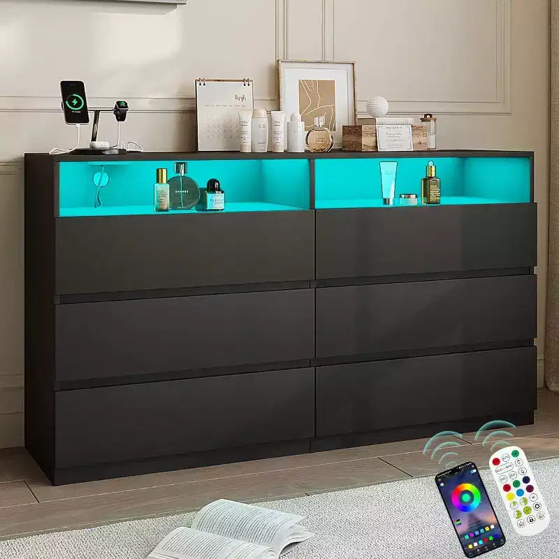 Dyonery Modern 6 Drawers with Sliding Desktop, with Charging Station & LED Lights, Large Storage Tower Clothes Organizer, for Bedroom, White