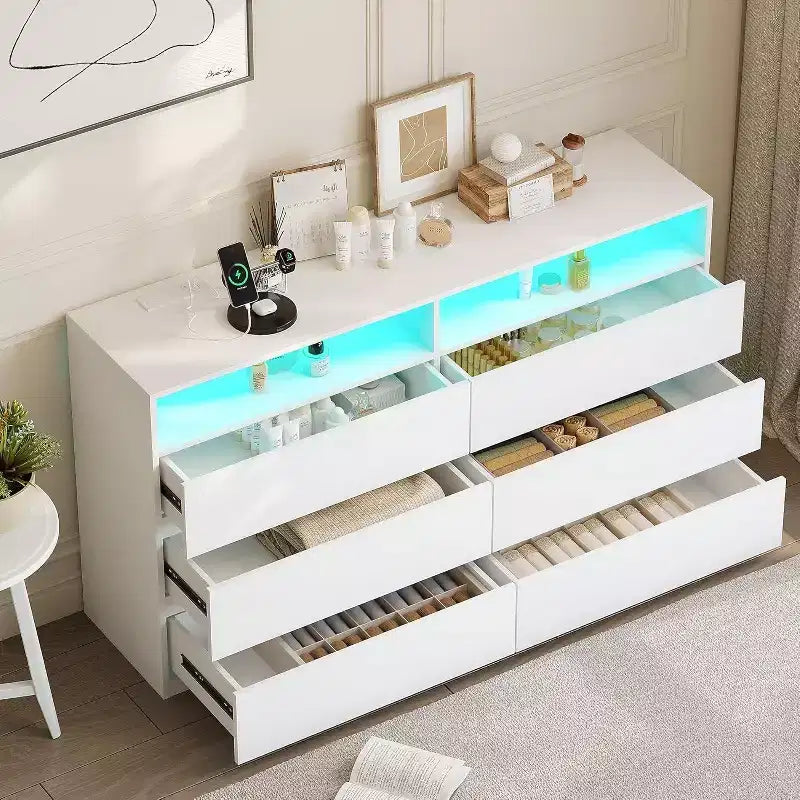 Dyonery Commode Moderne 6 Tiroirs avec Plateau Coulissant, Station de Charge & Lumières LED, Grande Armoire de Rangement pour Vêtements, pour Chambre, Blanc