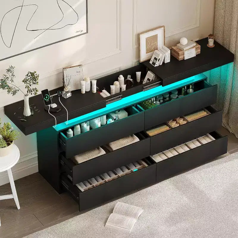 Dyonery Commode Moderne 6 Tiroirs avec Plateau Coulissant, Station de Charge & Lumières LED, Grande Armoire de Rangement pour Vêtements, pour Chambre, Blanc