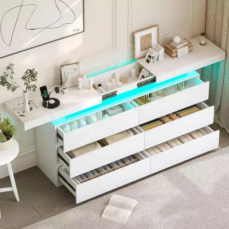 Dyonery Commode Moderne 6 Tiroirs avec Plateau Coulissant, Station de Charge & Lumières LED, Grande Armoire de Rangement pour Vêtements, pour Chambre, Blanc