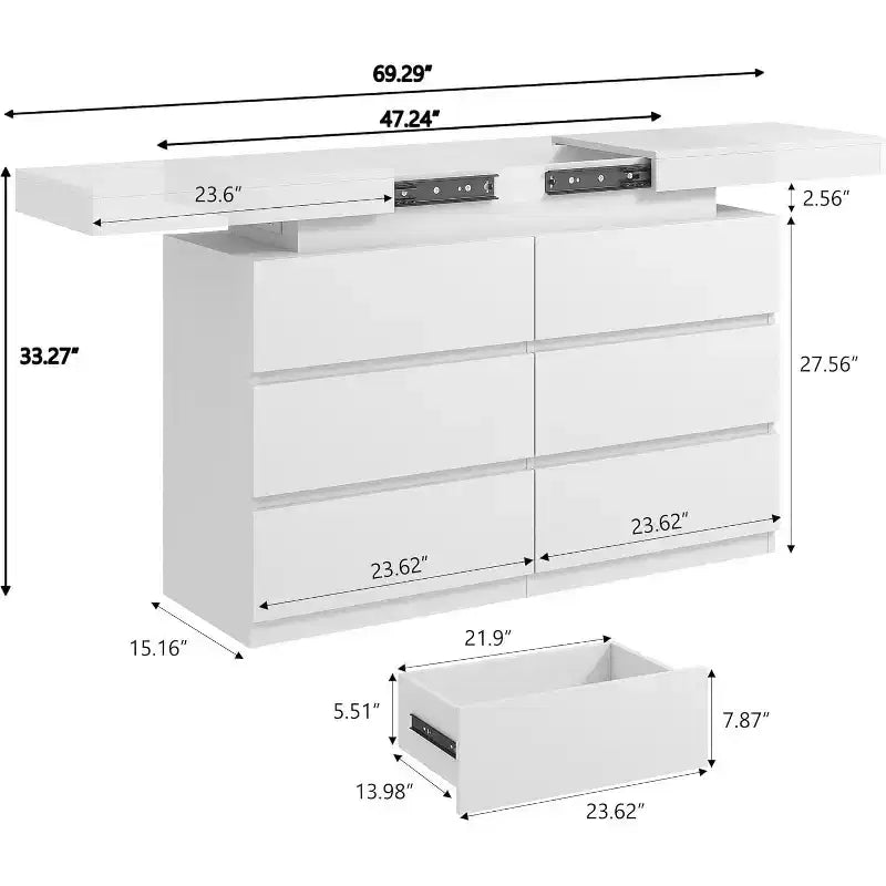 Dyonery Commode Moderne 6 Tiroirs avec Plateau Coulissant, Station de Charge & Lumières LED, Grande Armoire de Rangement pour Vêtements, pour Chambre, Blanc