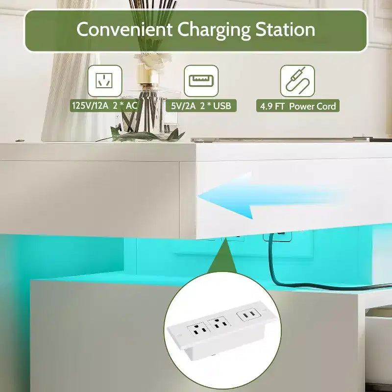 Dyonery Commode Moderne 6 Tiroirs avec Plateau Coulissant, Station de Charge & Lumières LED, Grande Armoire de Rangement pour Vêtements, pour Chambre, Blanc