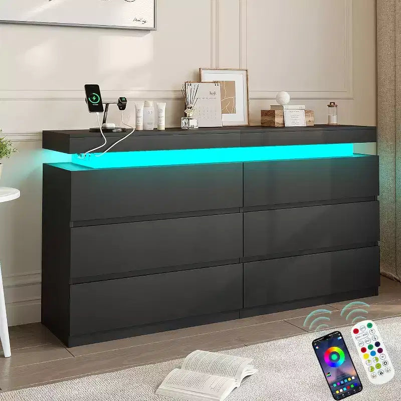 Dyonery Commode Moderne 6 Tiroirs avec Plateau Coulissant, Station de Charge & Lumières LED, Grande Armoire de Rangement pour Vêtements, pour Chambre, Blanc