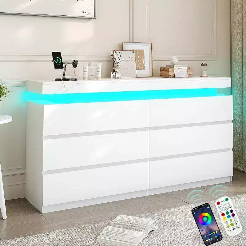 Dyonery Commode Moderne 6 Tiroirs avec Plateau Coulissant, Station de Charge & Lumières LED, Grande Armoire de Rangement pour Vêtements, pour Chambre, Blanc