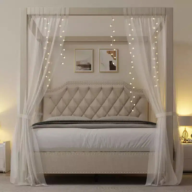 Acekool Queen Canopy Bed - Upholstered Headboard