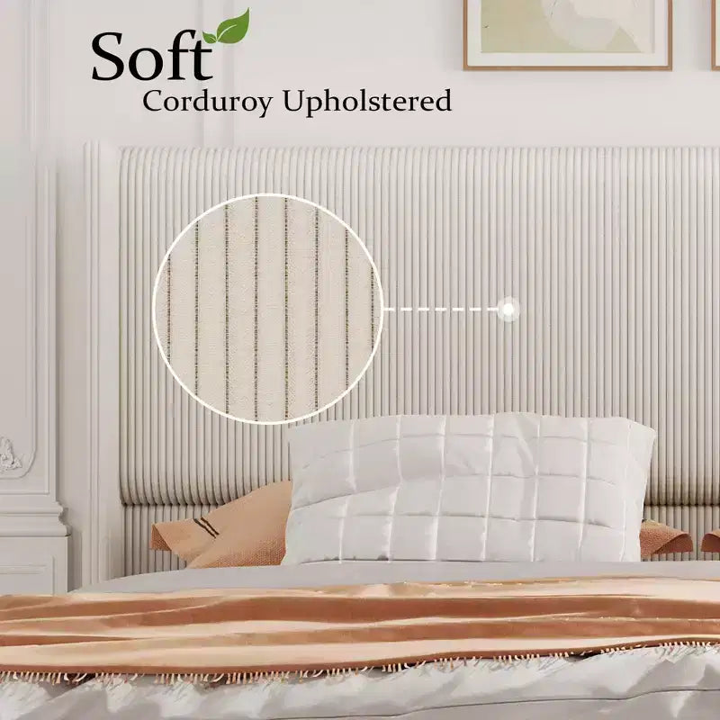 Lit en tissu de velours côtelé - 1 Lattes avec éponge, Tête de lit douce en tissu de velours côtelé, Aile de protection, Tête de lit haute