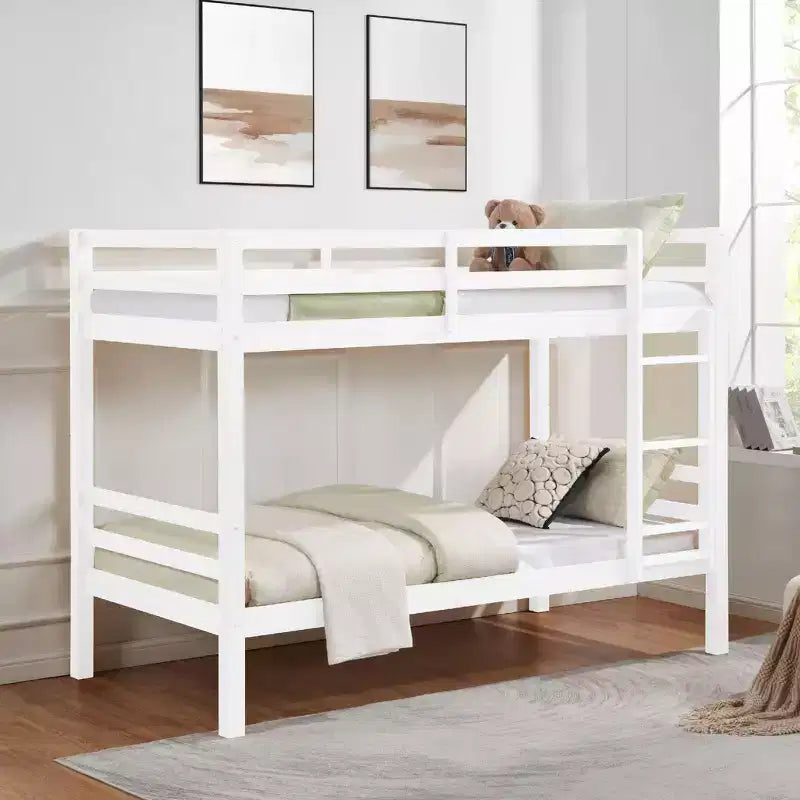 Twin over Twin Bunk Bed with Ladder  Wooden Frame with High Guardrails for Kids  No Box Spring Needed  Sturdy and Space-Saving  White