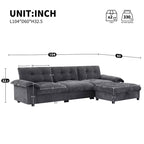 Canapé d'angle modulaire 4 places avec pouf de rangement, porte-gobelets, chargement USB et Type-C, coussins capitonnés, rangement dans les accoudoirs, revêtement doux