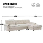 Canapé d'angle modulaire 4 places avec pouf de rangement, porte-gobelets, chargement USB et Type-C, coussins capitonnés, rangement dans les accoudoirs, revêtement doux