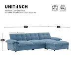 Canapé d'angle modulaire 4 places avec pouf de rangement, porte-gobelets, chargement USB et Type-C, coussins capitonnés, rangement dans les accoudoirs, revêtement doux
