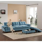 Canapé d'angle modulaire 4 places avec pouf de rangement, porte-gobelets, chargement USB et Type-C, coussins capitonnés, rangement dans les accoudoirs, revêtement doux