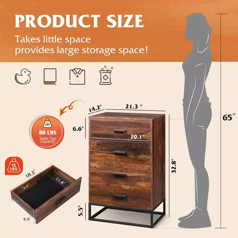 GALAXHERO Commode à 4 tiroirs en bois, Table de chevet haute et Commode de rangement pour chambre, couloir, salon et placard, Cadre en métal robuste