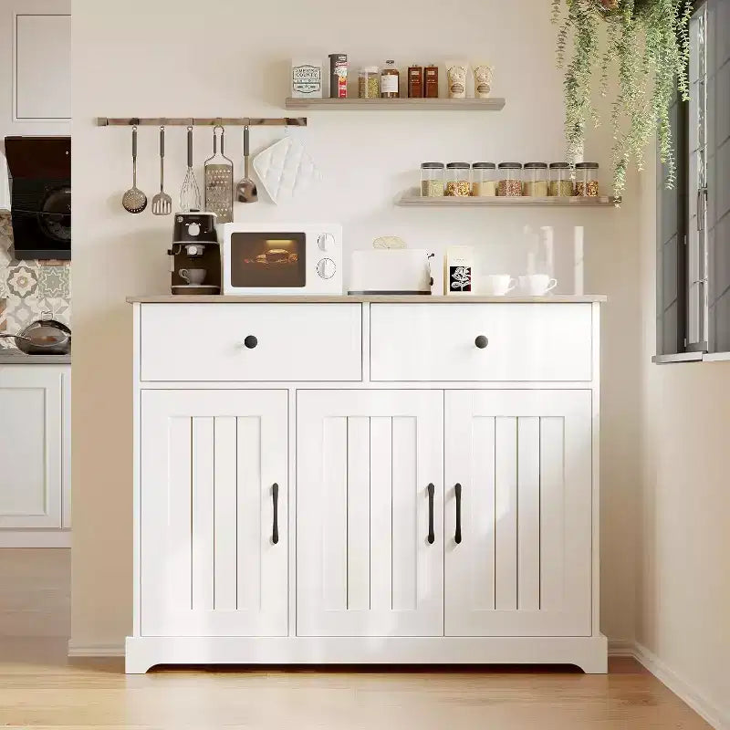 Meuble de rangement de cuisine de style ferme moderne de 107 cm de large, buffet avec tiroirs, étagères réglables et portes, pour salon et salle à manger