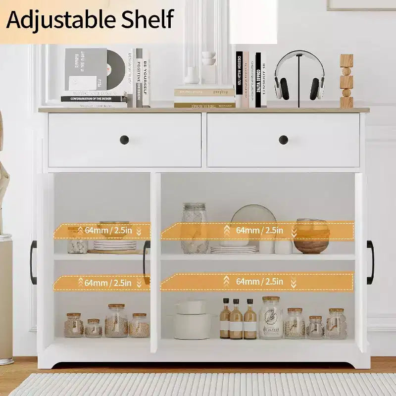 Meuble de rangement de cuisine de style ferme moderne de 107 cm de large, buffet avec tiroirs, étagères réglables et portes, pour salon et salle à manger