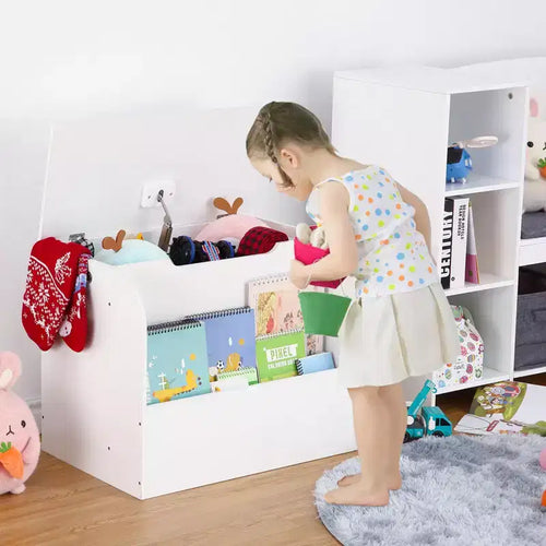 29.5 Modern Kids Toy Storage Organizer,Children Toy Box with Safety Hinge&Front Bookshelf,Boys Girls Toy Storage Chest Trunk -Easy Assembly(White)