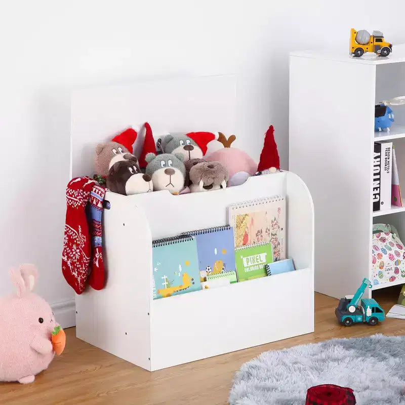 29.5 Organisateur de Rangement de Jouets Moderne pour Enfants, Coffre à Jouets avec Charnière de Sécurité et Étagère Frontale, Caisse de Rangement pour Garçons et Filles - Montage Facile (Blanc)