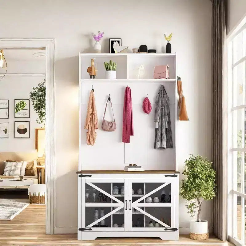 Porte-manteau de ferme, organisateur d'entrée 4-en-1 avec 7 casiers à chaussures et 7 crochets, banc de rangement pour vestiaire/couloir/chambre à coucher