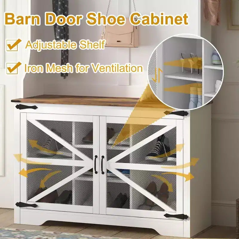 Porte-manteau de ferme, organisateur d'entrée 4-en-1 avec 7 casiers à chaussures et 7 crochets, banc de rangement pour vestiaire/couloir/chambre à coucher