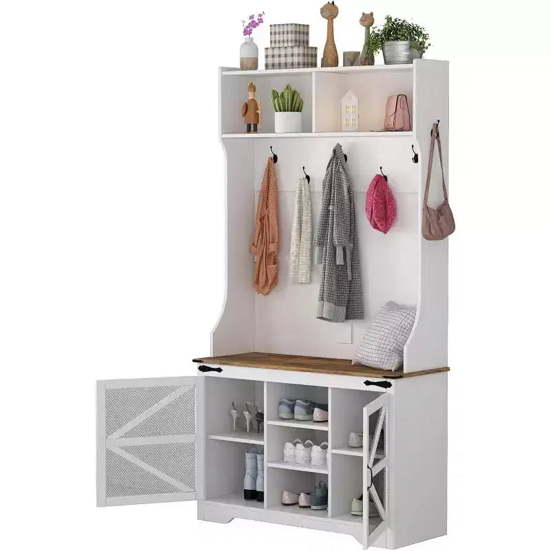 Porte-manteau de ferme, organisateur d'entrée 4-en-1 avec 7 casiers à chaussures et 7 crochets, banc de rangement pour vestiaire/couloir/chambre à coucher