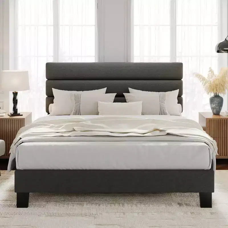 Cadre de lit King Size avec tête de lit réglable, revêtement en tissu de lin et support à lattes en bois, sommier robuste, aucun sommier tapissier requis