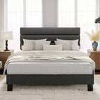 Cadre de lit King Size avec tête de lit réglable, revêtement en tissu de lin et support à lattes en bois, sommier robuste, aucun sommier tapissier requis