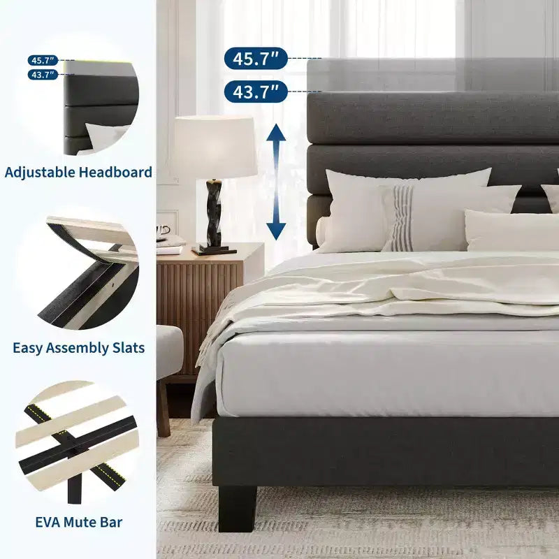 Cadre de lit King Size avec tête de lit réglable, revêtement en tissu de lin et support à lattes en bois, sommier robuste, aucun sommier tapissier requis