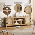 Meuble TV pour Salon, Meuble TV Console 150 cm avec Porte en Rotin et Étagères Réglables, Meuble TV Style Bohème
