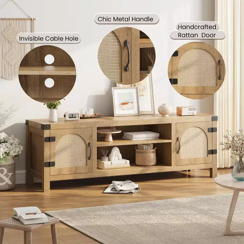 Meuble TV pour Salon, Meuble TV Console 150 cm avec Porte en Rotin et Étagères Réglables, Meuble TV Style Bohème