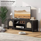 Meuble TV pour Salon, Meuble TV Console 150 cm avec Porte en Rotin et Étagères Réglables, Meuble TV Style Bohème