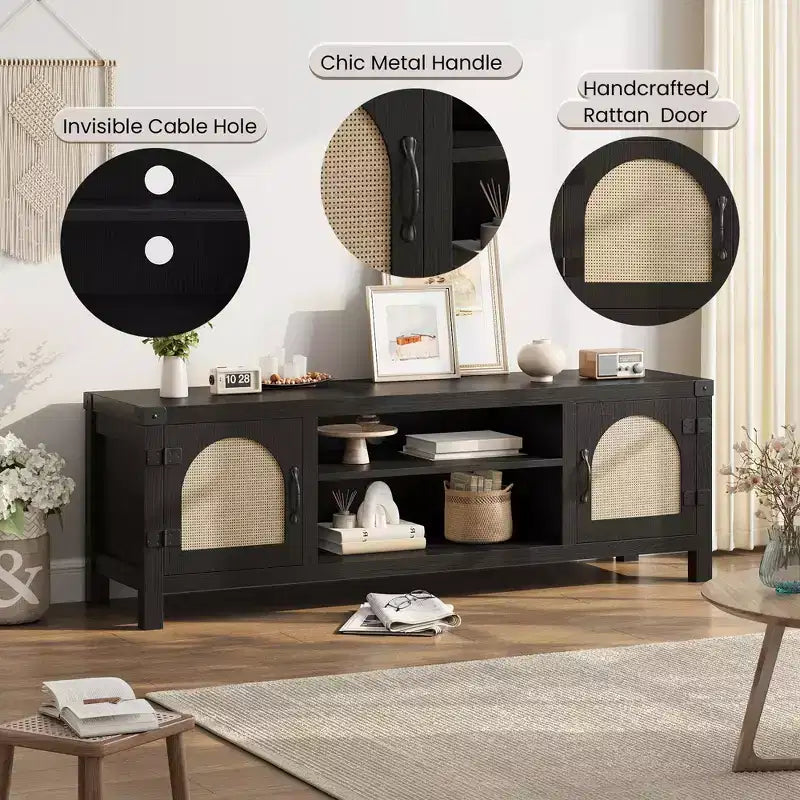 Meuble TV pour Salon, Meuble TV Console 150 cm avec Porte en Rotin et Étagères Réglables, Meuble TV Style Bohème