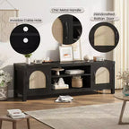 Meuble TV pour Salon, Meuble TV Console 150 cm avec Porte en Rotin et Étagères Réglables, Meuble TV Style Bohème