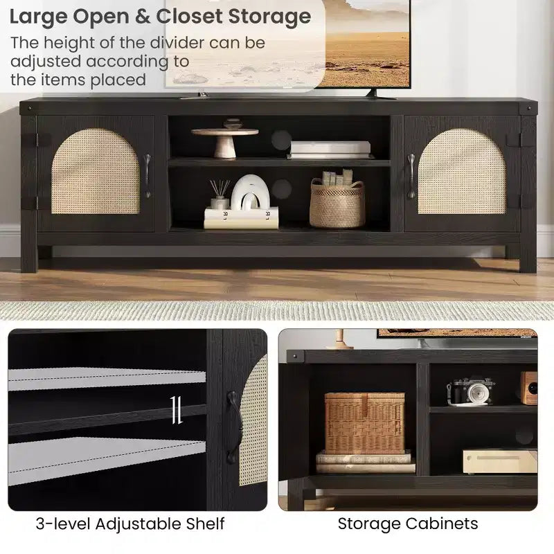 Meuble TV pour Salon, Meuble TV Console 150 cm avec Porte en Rotin et Étagères Réglables, Meuble TV Style Bohème