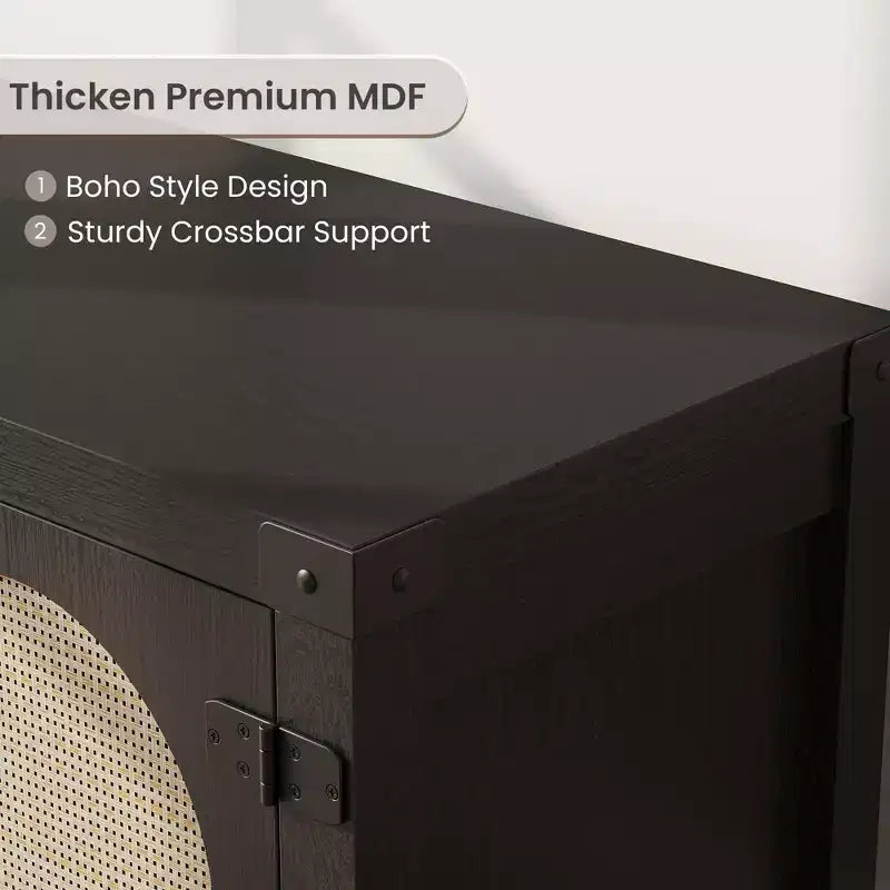 Meuble TV pour Salon, Meuble TV Console 150 cm avec Porte en Rotin et Étagères Réglables, Meuble TV Style Bohème