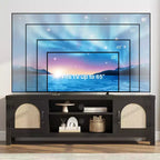 Meuble TV pour Salon, Meuble TV Console 150 cm avec Porte en Rotin et Étagères Réglables, Meuble TV Style Bohème